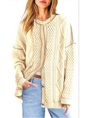 NEW Cable Knit Oversized Cardigan Button Up Striped Sweater S